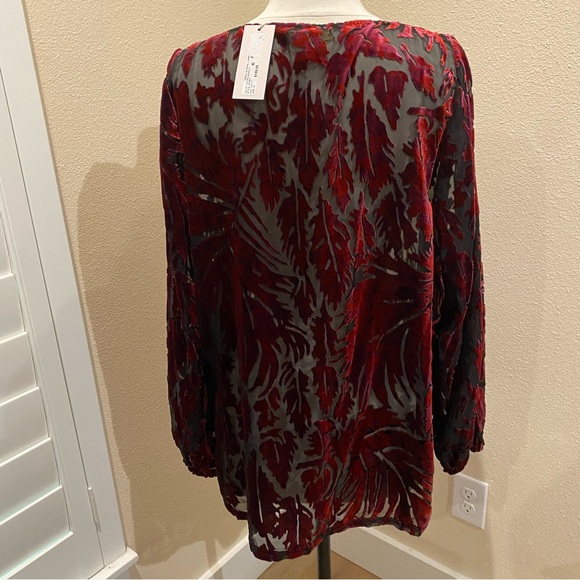 NWT Mika Mindel Red Black Multi Burnout Velvet Folliage Cold Shoulder Top XL - Picture 6 of 12